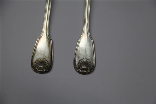 A cased set of late 19th century French 950 standard silver fiddle, thread and shell pattern flatware by Henin & Fils, Paris, 79 oz.